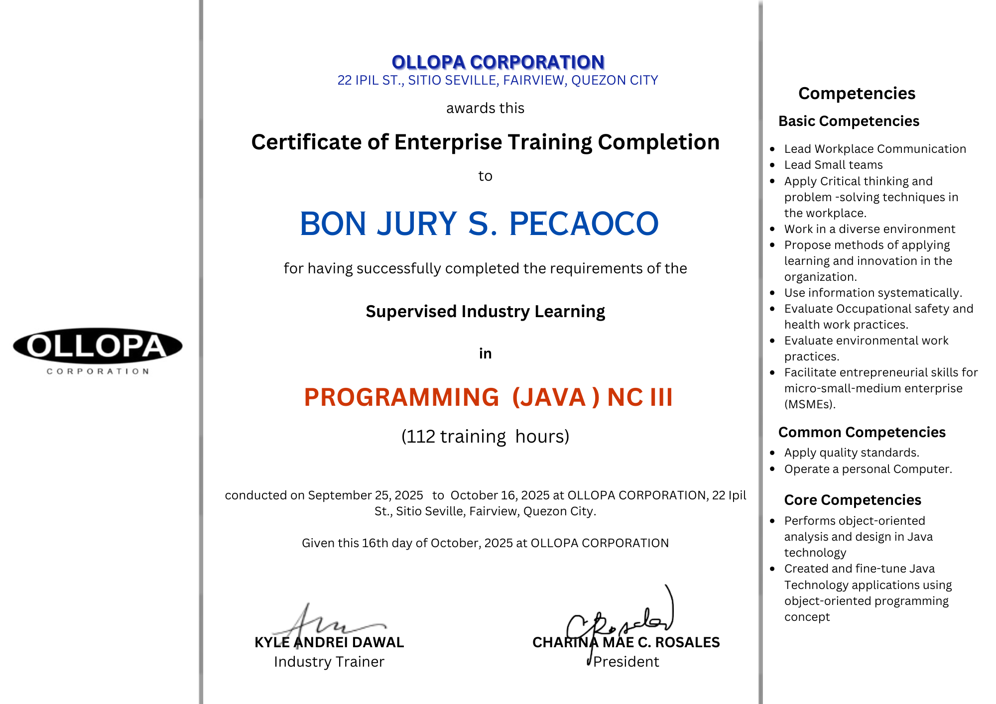 PECAOCO (OLLOPA) Certificate